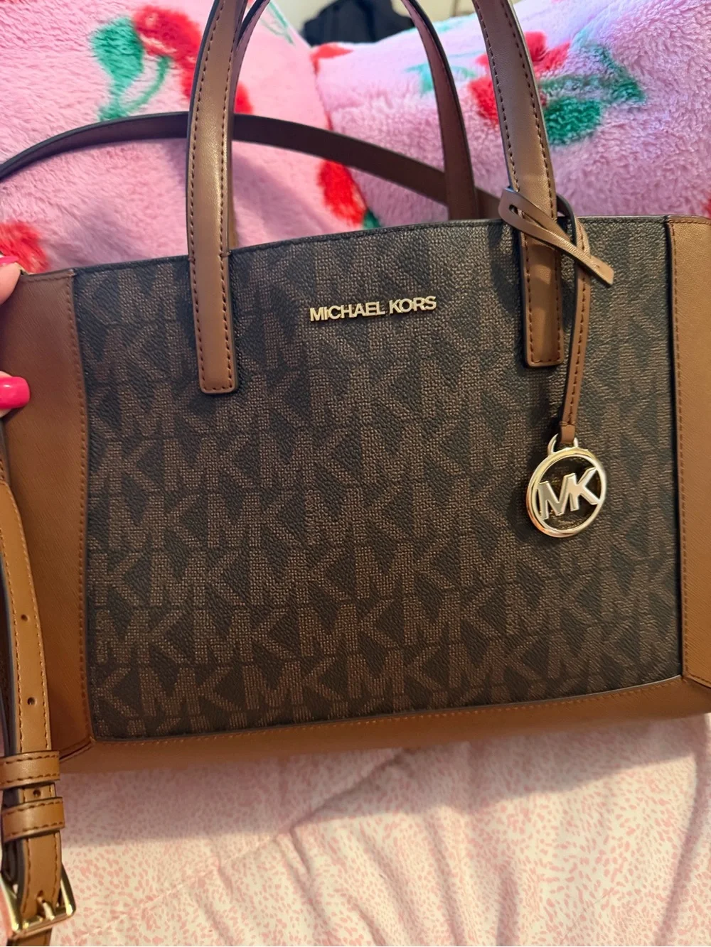 Michael Kors Brown MK Logo Satchel with Gold Charm